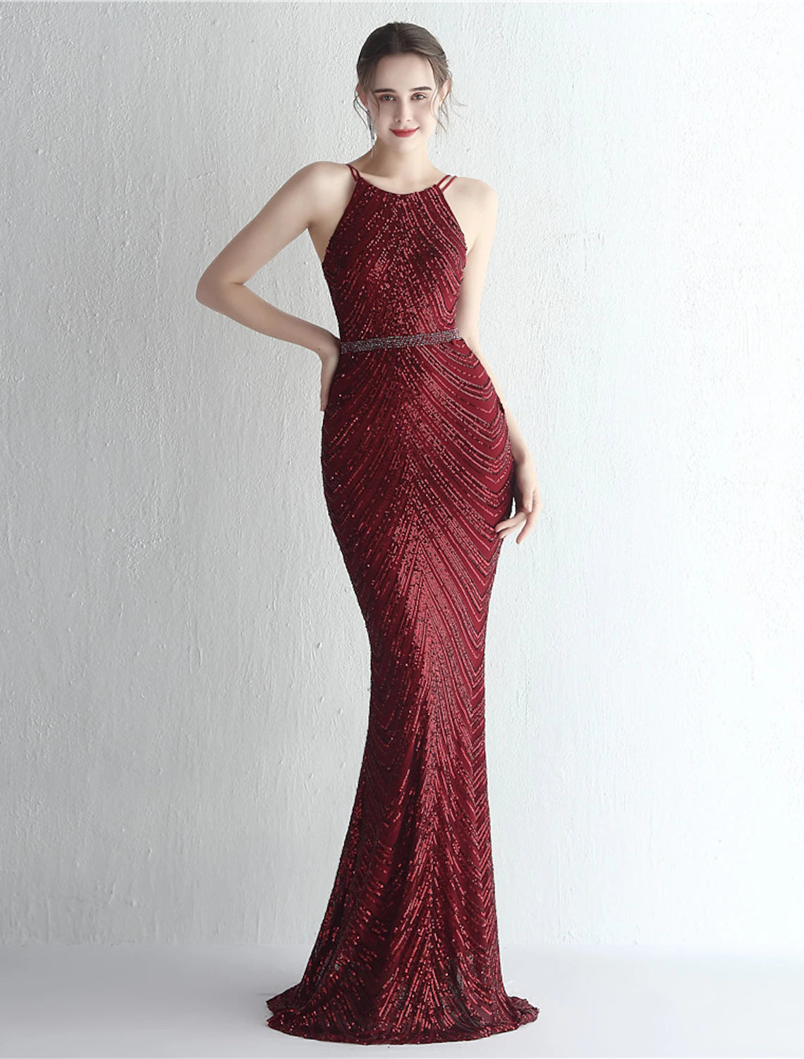Wholesale Mermaid / Trumpet Prom Dresses Sparkle & Shine Dress Formal Wedding Guest Floor Length Sleeveless Halter Neck Chiffon with Beading Sequin